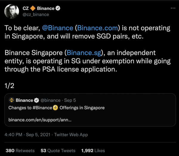 Binance ограничивает криптовалютную торговлю в Сингапуре под давлением местного регулятора